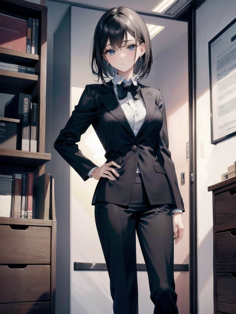 absurdres, RAW photo, extremely delicate and beautiful, masterpiece, Best Quality, ultra high resolution, 32k, hyperrealistic, ultra-detailed, in her 20s, delicate facial features, tearful mole, earring, medium breasts, full body shot, shorter middle hair, black hair, ((office lady suit)), blazer,