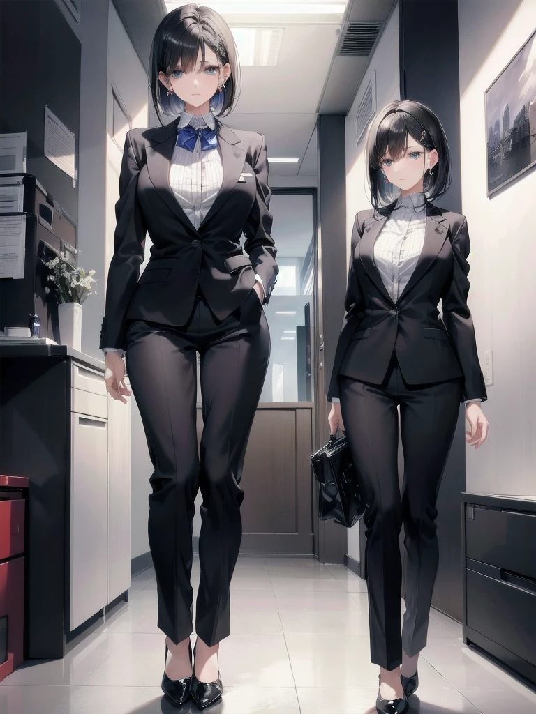 absurdres, RAW photo, extremely delicate and beautiful, masterpiece, Best Quality, ultra high resolution, 32k, hyperrealistic, ultra-detailed, in her 20s, delicate facial features, tearful mole, earring, medium breasts, full body shot, shorter middle hair, black hair, ((office lady suit)), blazer,