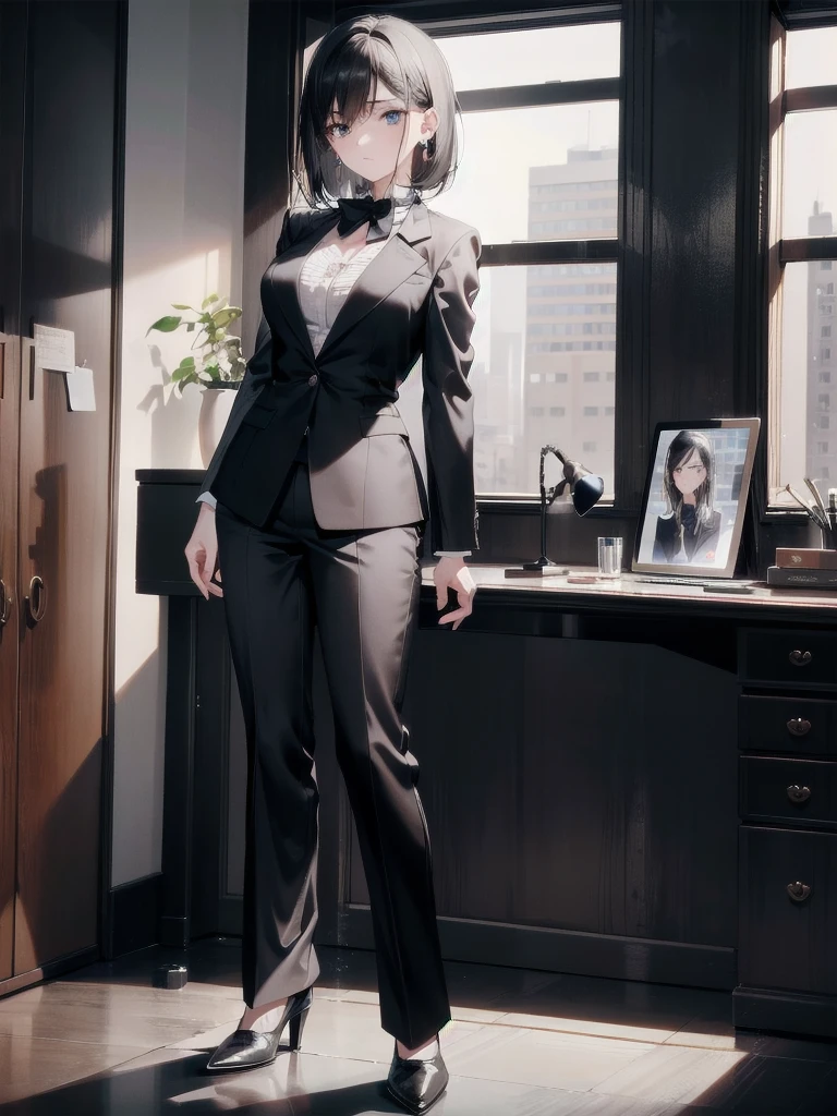 absurdres, RAW photo, extremely delicate and beautiful, masterpiece, Best Quality, ultra high resolution, 32k, hyperrealistic, ultra-detailed, in her 20s, delicate facial features, tearful mole, earring, medium breasts, full body shot, shorter middle hair, black hair, ((office lady suit)), blazer,