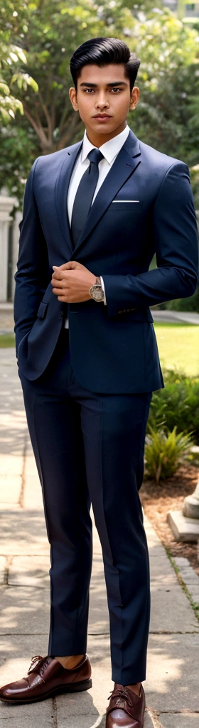 RAW, Best quality, high resolution, (masterpiece: 1.3), full body image, muscular Indonesian man in navy suit and work shoes, Masterpiece, young man face, cute man face, cleanshaven, bright skin, rough skin, fierce eyes, soft smile, standing in a park, feminine gesture, strong expression, body facing viewer, looking to viewer, at noon, Great lighting, great sunlight, Bright colors, Ultra realistic clean lines, very realistic, Indian 22 years old young boy