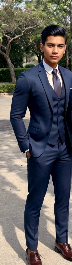RAW, Best quality, high resolution, (masterpiece: 1.3), full body image, muscular Indonesian man in navy suit and work shoes, Masterpiece, young man face, cute man face, cleanshaven, bright skin, rough skin, fierce eyes, soft smile, standing in a park, feminine gesture, strong expression, body facing viewer, looking to viewer, at noon, Great lighting, great sunlight, Bright colors, Ultra realistic clean lines, very realistic, Indian 22 years old young boy