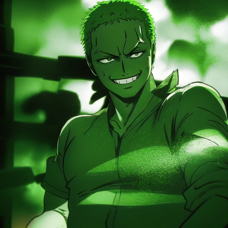 1boy, wanostyle, roronoa zoro, smiling, looking at viewer, solo, upper body, ((masterpiece)), (best quality), (extremely detailed), depth of field, sketch, dark intensive shadows, Sharp focus quality, gentlesoftlighting, hdr, colorful, Good composition, There were fires all around, spectacular, Closed shirt, Anime screenshots, Scars under the eyes, preparing to fight,