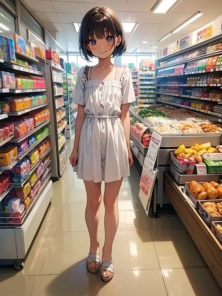 masterpiece, best quality, 2girls, 10yo, (petite), upper body,
 smile, standing, sundress, open clothes, flat chest,
 Konbini, food, shop, indoors, convenience store,