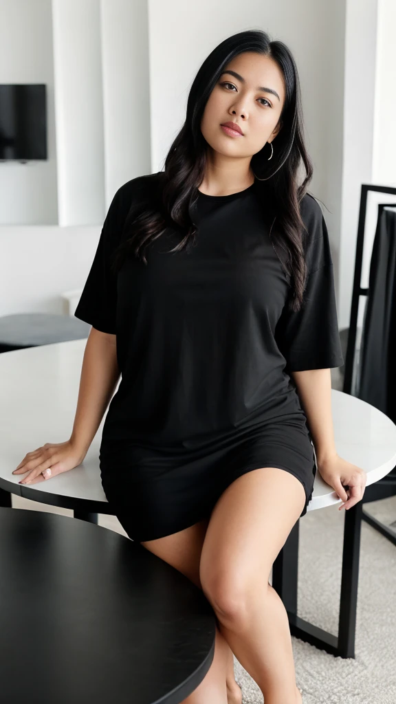 A woman shirt and panty,standing on the beach, angle face, beautiful face,round face,big cheeks, curvy, hourglass figure, there is a woman sitting on a table with a black shirt, sitting on a table, wearing black tshirt, crossed legs, thick legs, sitting on the table, thick thighs, wearing in black clothes, wearing a black tshirt, she is wearing a black dress, sexy look, with straight black hair, on her throne, wearing a black t-shirt, black outfit