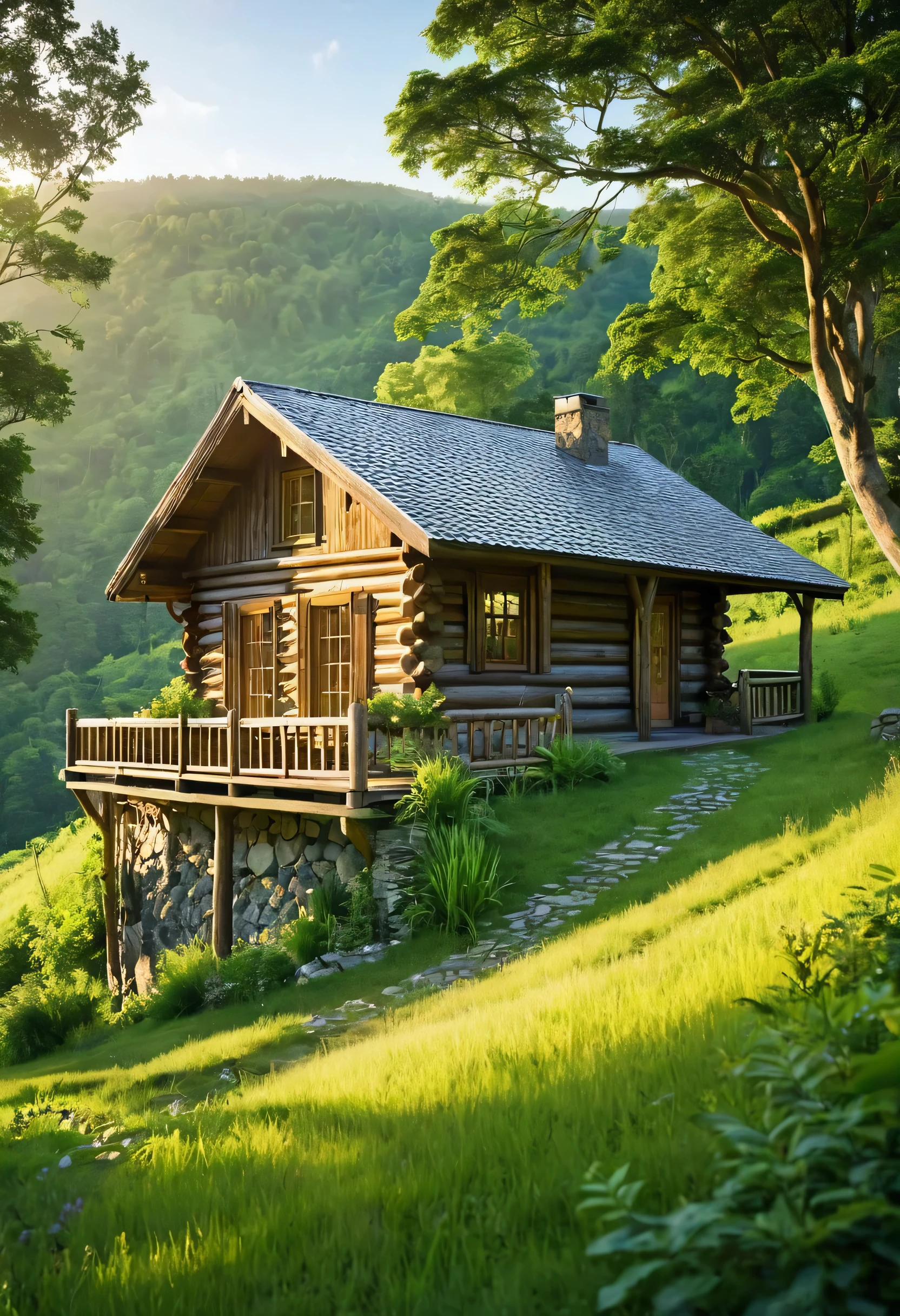 A sprawling log cabin, nestled amidst a verdant valley, exudes a sense of peaceful solitude. The sun casts long shadows across the rolling hills, creating a breathtaking panorama. The cabin's rustic charm is enhanced by the surrounding lush greenery and the distant forest, creating a sense of harmony and tranquility.