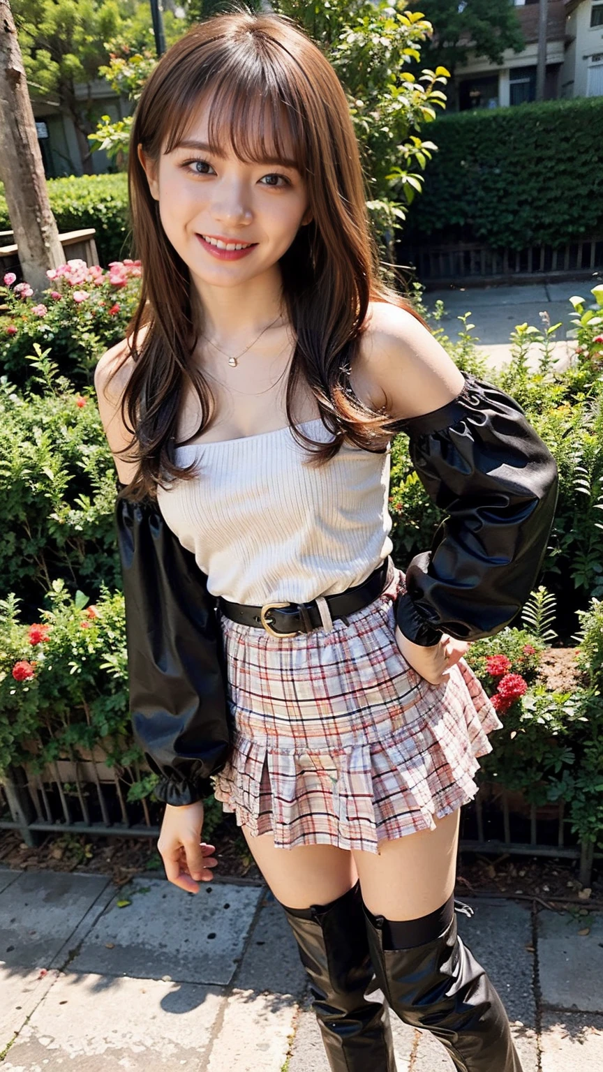 (8K、RAW Photos、Highest quality、masterpiece:1.2)、(Realistic、Realistic)、1 Girl、((Pink and black checked mini skirt、smile、Frills、Off the shoulder、one piece、whole body、See-through、boots、chest emphasis、whole body、garden、View from the front、Looking into the camera、Stand with hands on hips))、