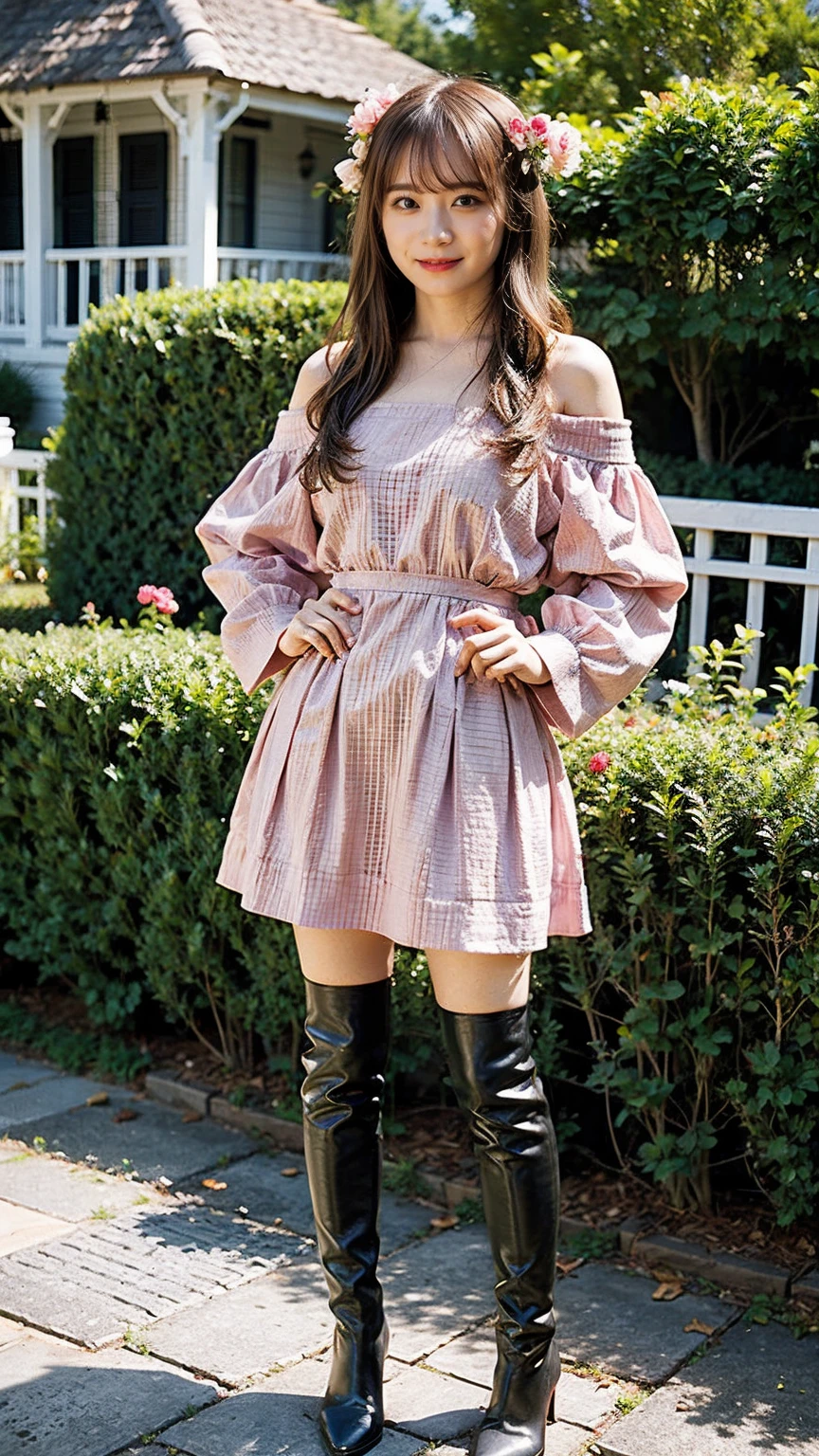 (8K、RAW Photos、Highest quality、masterpiece:1.2)、(Realistic、Realistic)、1 Girl、((Pink and black checked mini skirt、smile、Frills、Off the shoulder、one piece、whole body、See-through、boots、chest emphasis、whole body、garden、View from the front、Looking into the camera、Stand with hands on hips))、