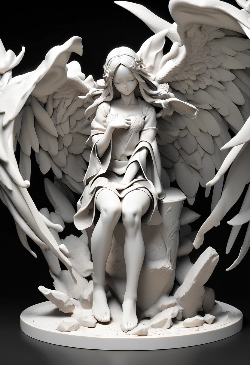 Dark Fantasy、old，dirty， Mineral red pigment，3D粘土clay sculpture艺术，clay sculpture、A woman_Angel, Monochrome wings