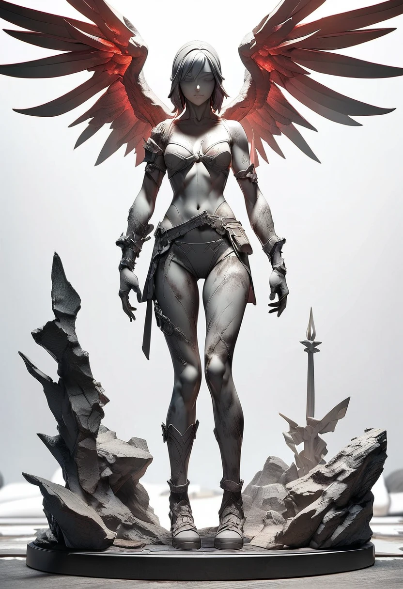 Dark Fantasy、old,dirty, Mineral red pigment,3D粘土clay sculpture艺术,clay sculpture、A woman_Angel, Monochrome wings