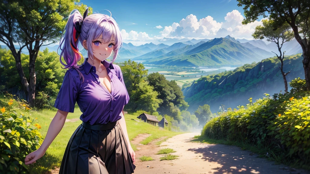 1girl, solo, full body, summer, village, trees, sun, clouds, mountains, fantasy world, colorful hair, side ponytail, large breasts, button down, dark blue eyes, ((purple shirt)), ((unbuttoned shirt)), ((short sleeved shirt)), cleavage 1:3, black skirt, brown shoes, grin, looking at the viewer, standing, hair ribbon