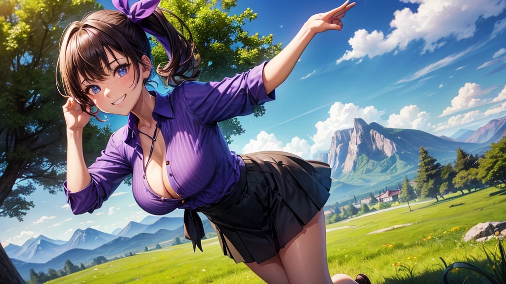 1girl, solo, full body, summer, village, trees, sun, clouds, mountains, fantasy world, colorful hair, side ponytail, large breasts, button down, dark blue eyes, ((purple shirt)), ((unbuttoned shirt)), ((short sleeved shirt)), cleavage 1:3, black skirt, brown shoes, grin, looking at the viewer, standing, hair ribbon