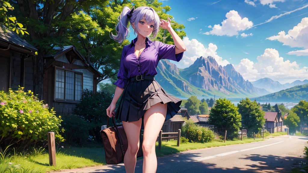 1girl, solo, full body, summer, village, trees, sun, clouds, mountains, fantasy world, colorful hair, side ponytail, large breasts, button down, dark blue eyes, ((purple shirt)), ((unbuttoned shirt)), ((short sleeved shirt)), cleavage 1:3, black skirt, brown shoes, grin, looking at the viewer, standing, hair ribbon