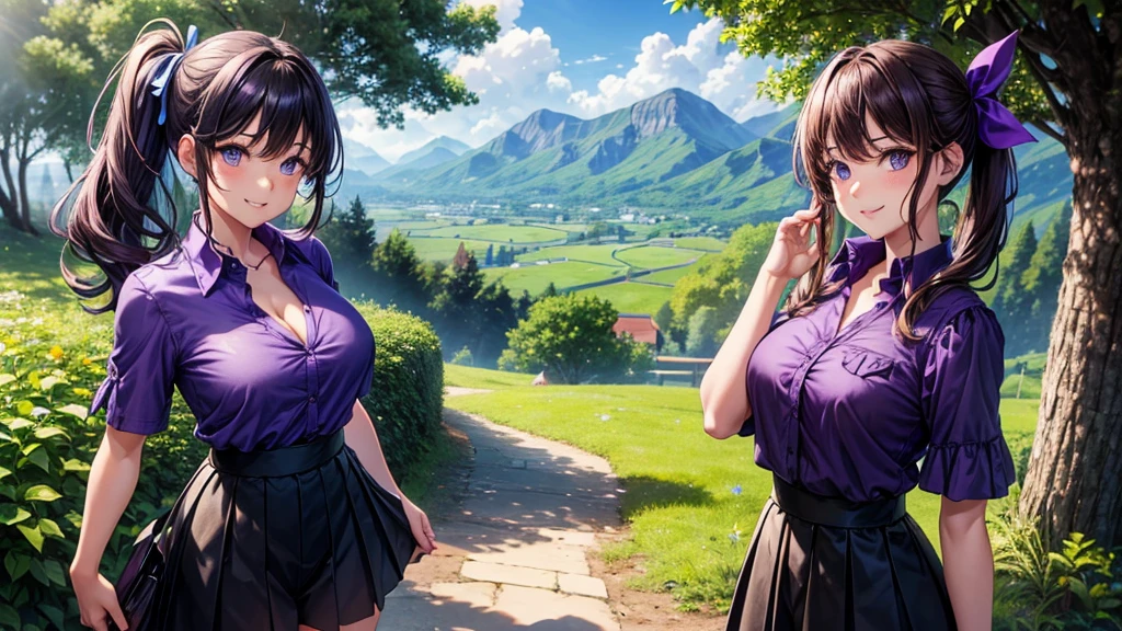 1girl, solo, full body, summer, village, trees, sun, clouds, mountains, fantasy world, colorful hair, side ponytail, large breasts, button down, dark blue eyes, ((purple shirt)), ((unbuttoned shirt)), ((short sleeved shirt)), cleavage 1:3, black skirt, brown shoes, grin, looking at the viewer, standing, hair ribbon