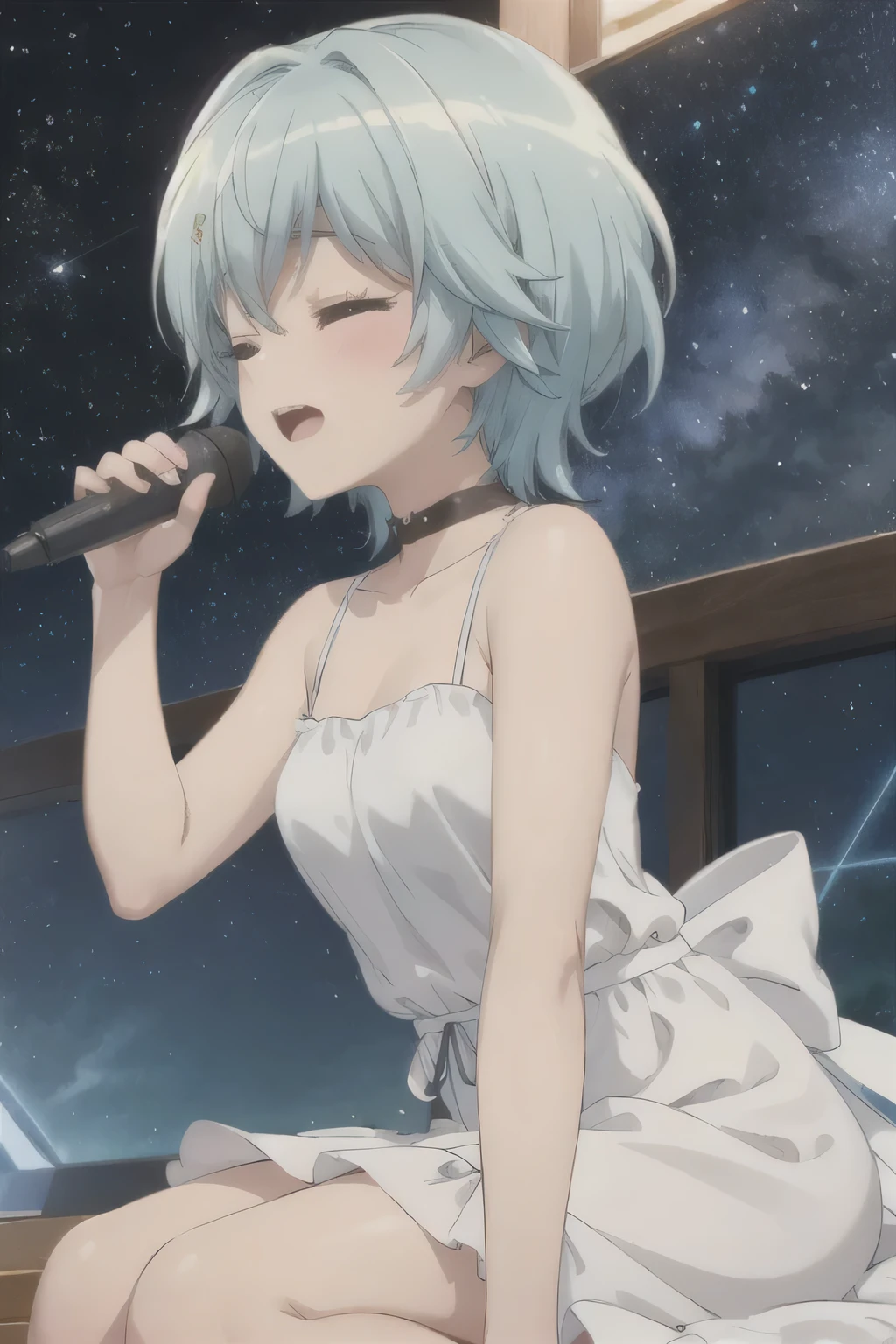 Park meadow,White Dress,A good girl,Acting cute,Blue Hair,Sing with your eyes closed,Starry Sky