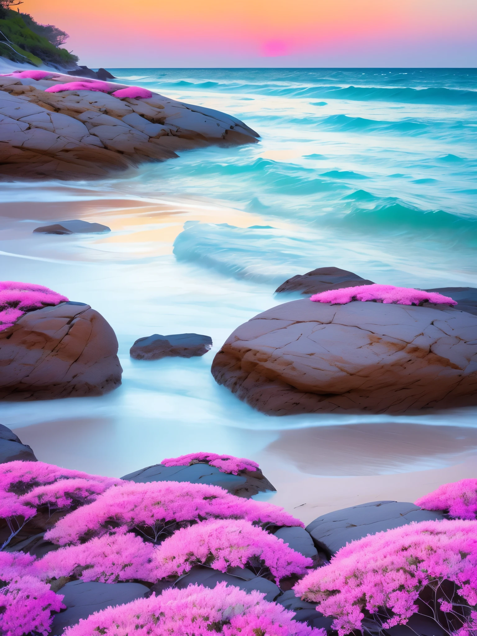 A serene beach scene at sunset, with a striking color palette of pink and purple hues. The sun is partially hidden behind clouds on the horizon, casting a warm, pinkish glow over the scene. The sky is a gradient of soft pastel colors, transitioning from light blue at the top to deep pink near the horizon. Wispy clouds are scattered across the sky, reflecting the sunset colors. The calm ocean waves gently roll onto the shore, with the water reflecting the vibrant colors of the sunset. The beach sand appears to be tinted with a soft pink hue due to the lighting. To the left, there is a distant cliff with a dark silhouette against the colorful sky. The entire scene exudes a tranquil and ethereal atmosphere, enhanced by the unique and vivid color scheme.