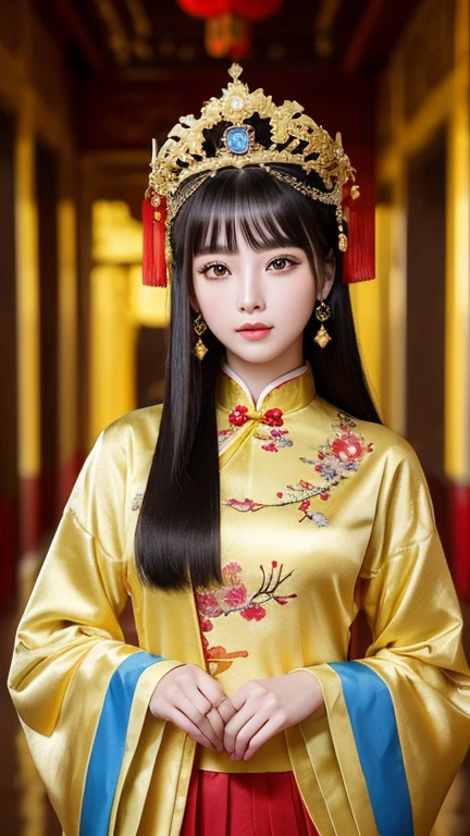 (((Chinese Beauty)))、21 years old、(Very heavy makeup:1.2)、(Slanted Eyes:1.3)、(long narrow eyes:1.3)、Shiny Hair、Glowing Skin、Very white skin、Jet Black Hair、Straight long hairstyle、Big eyes、Double eyelids、Luxury Chinese palace、(Standing in the palace corridor)、(Golden luxurious hair ornament)、((Chinese Queen's Costume))、Luxurious and gorgeous、(huge breast:1.1)、(Exposed Skin:1.3)、(Smile with your mouth closed)、