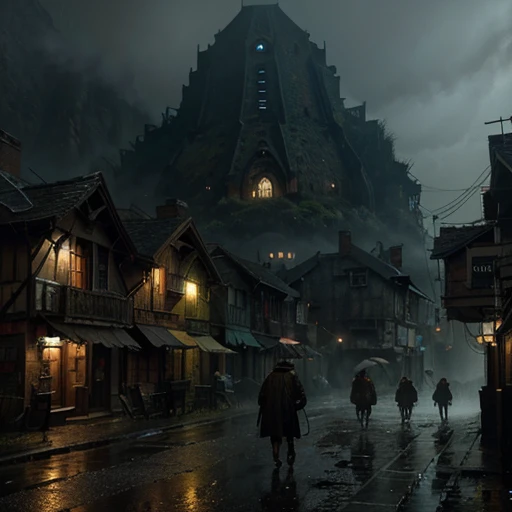 jpn、Urban design of Sidmead、Low-rise buildings、the chaos、Complex and high-definition、bladerunner、Ridley Scott's visual expression、Futuristic cities、nightscape、rainy day、Walking people々