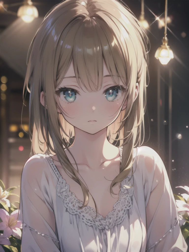 masterpiece, highest quality, female figure, blue green eyes, long brown hair, white nightgown, cute, (dynamic lighting:1.2), cinematic lighting, delicate features, fine eyes, sharp pupils, realistic student, Depth of bounds written, Bokeh, sharp focus, (very detailed, bloom, shine:1.4), gloomy, very skinny, prominent collarbones