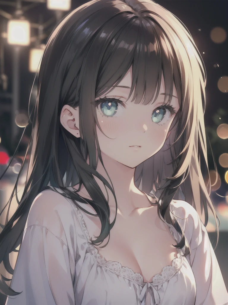 masterpiece, highest quality, female figure, blue green eyes, long brown hair, white nightgown, cute, (dynamic lighting:1.2), cinematic lighting, delicate features, fine eyes, sharp pupils, realistic student, Depth of bounds written, Bokeh, sharp focus, (very detailed, bloom, shine:1.4), gloomy, very skinny, prominent collarbones