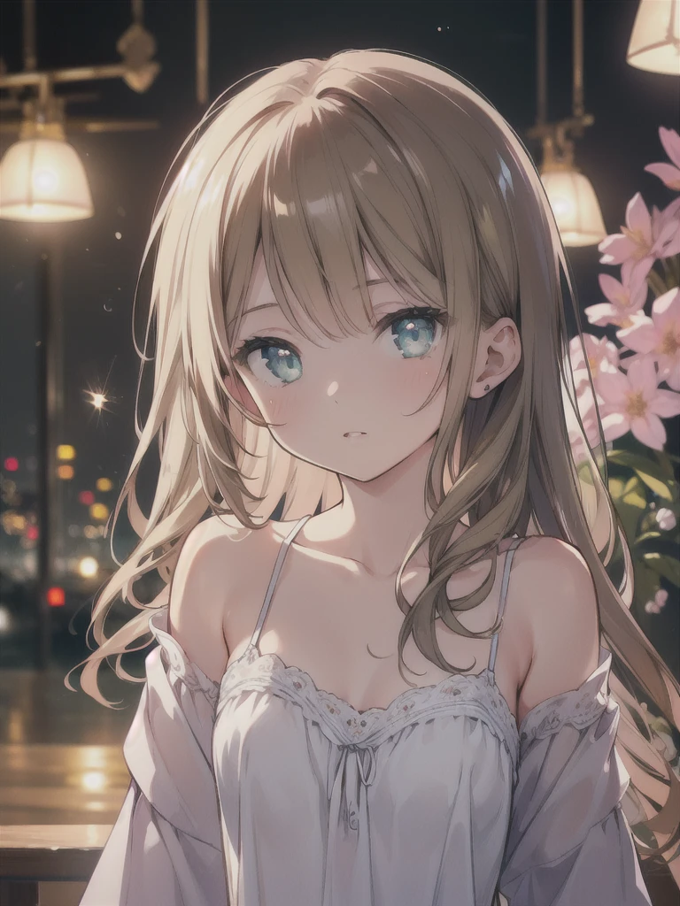 masterpiece, highest quality, female figure, blue green eyes, long brown hair, white nightgown, cute, (dynamic lighting:1.2), cinematic lighting, delicate features, fine eyes, sharp pupils, realistic student, Depth of bounds written, Bokeh, sharp focus, (very detailed, bloom, shine:1.4), gloomy, very skinny, prominent collarbones