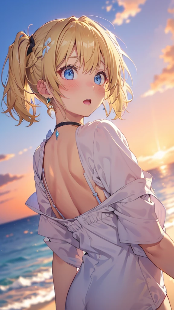 Absurd, Very detailed,Bright colors, Very beautiful and detailed anime faces and eyes, Look straight, ;d, Shiny_skin,Age 25, short hair, , Asymmetrical bangs, (Blonde short twin tails:1.4),(Take off your clothes:1.7),(No bra:1.4),Nipples,Shiny hair, Delicate and beautiful face,(surprised:1.7) ,blush,Sweat,blue eyes, White skin, Valletta, Earrings, necklace, Beautiful Clouds, Twilight Sky,