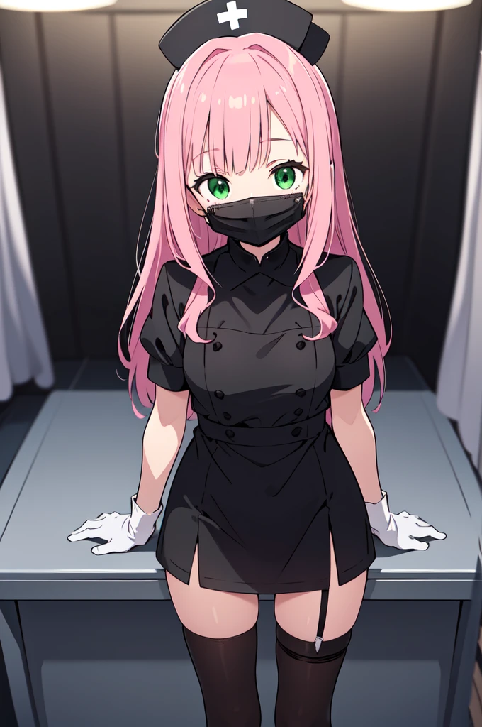 black nurse, 1woman, solo, black nurse cap, black nurse uniform, ((black legwear, zettai ryouiki)), black elbow gloves, pink hair, green eyes, drooping eyes, ((black surgical mask, covered nose)), standing, ((surgery room)), sharp outline, short sleeves, mature female, 32 years old, best quality, masterpiece