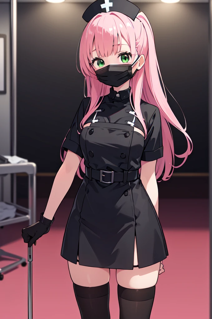 black nurse, 1woman, solo, black nurse cap, black nurse uniform, ((black legwear, zettai ryouiki)), black elbow gloves, pink hair, green eyes, drooping eyes, ((black surgical mask, covered nose)), standing, ((surgery room)), sharp outline, short sleeves, mature female, 32 years old, best quality, masterpiece