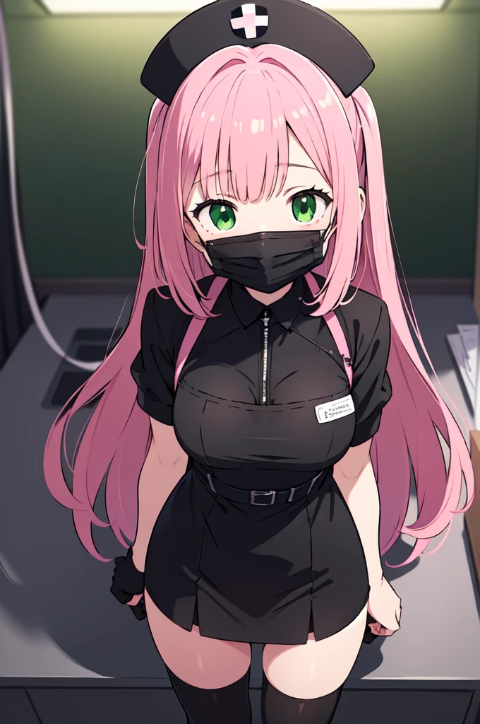 black nurse, 1woman, solo, black nurse cap, black nurse uniform, ((black legwear, zettai ryouiki)), black elbow gloves, pink hair, green eyes, drooping eyes, ((black surgical mask, covered nose)), standing, ((surgery room)), sharp outline, short sleeves, mature female, 32 years old, best quality, masterpiece