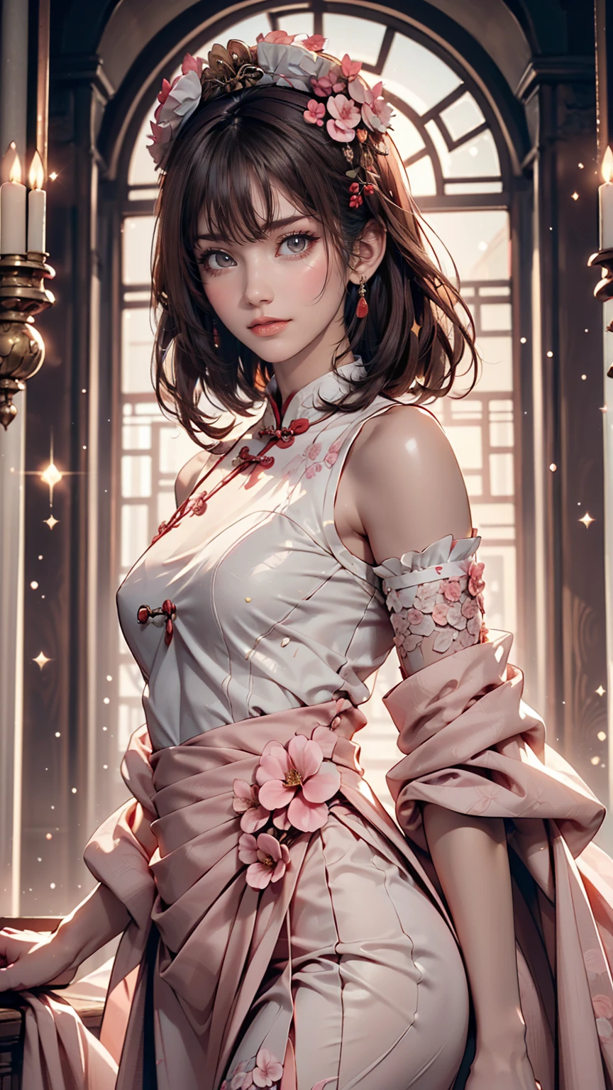 masterpiece, Highest quality, Waterfront, banquet, 1 female, Mature Woman, elegant, Chinese style, ancient China, younger sister, Royal younger sister, Happy, Meatball Head, Light brown hair, Pink Eyes, Gorgeous hat, Light pink lips, Pink clothes, thread-like clothes, intellectual, Full Bang, Flat bangs, Flower Ball, Delicate face,Updo、24-year-old female、Sexy proportions、Sexy、Narrow waist、Headpiece((hair ornament))、Cinematic light effects、Sparkle Effect((cinematic lighting, sparkle, 8K))、Anatomically correct((anatomically correct))、Ultra high definition((uhd))、Textured skin((textured skin))、Very detailed((super detail))、High detail((high details))