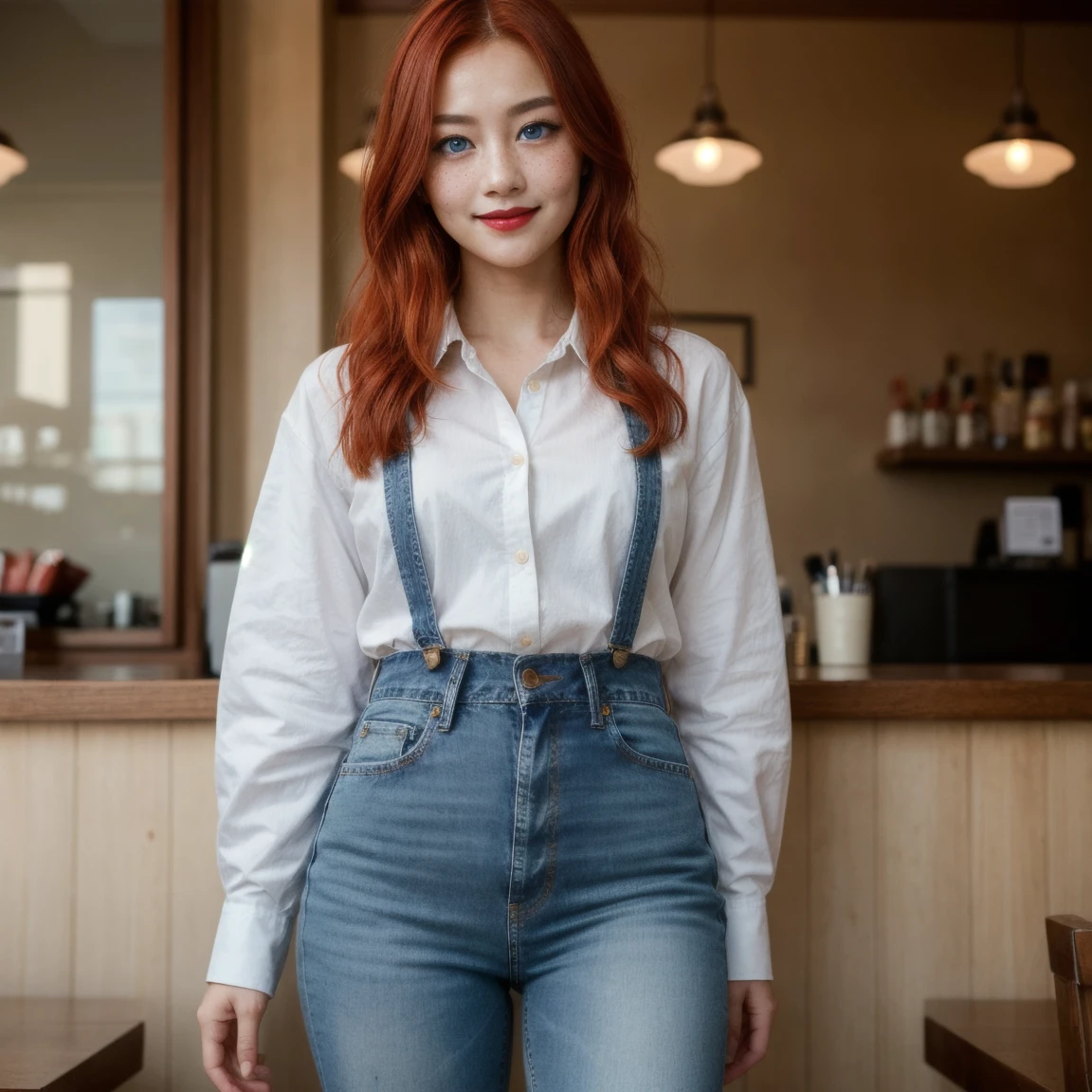 there is a girl, ((best quality)), ((detailed)),(masterpiece), ((perfect face, young)), ((red hair)), ((blue eyes)) long hair, freckles, makeup, natural face expressions, red lips, slightly smiling, standing, wearing jeans and a white shirt, ((female waitress)), capture to thighs
