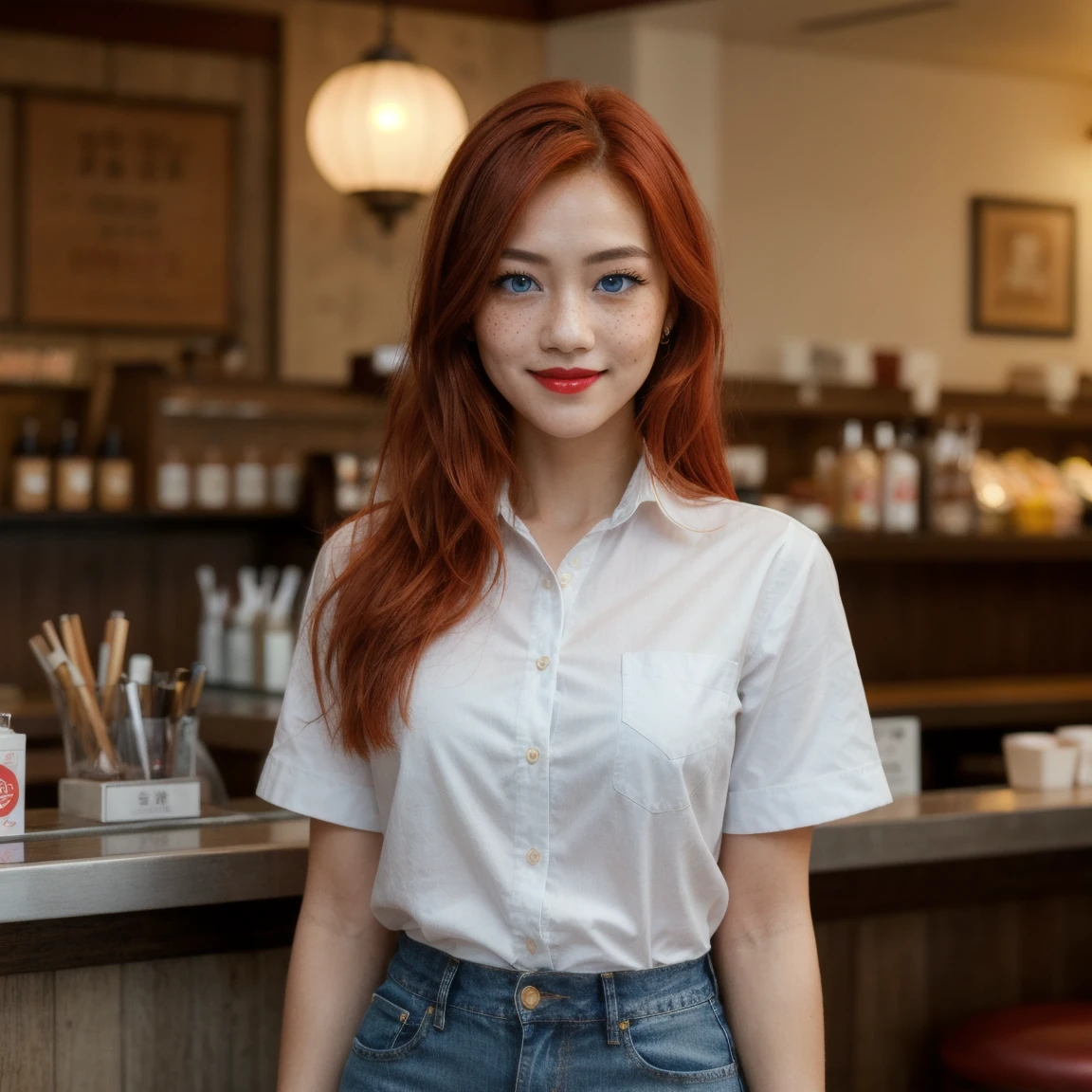 there is a girl, ((best quality)), ((detailed)),(masterpiece), ((perfect face, young)), ((red hair)), ((blue eyes)) long hair, freckles, makeup, natural face expressions, red lips, slightly smiling, standing, wearing jeans and a white shirt, ((female waitress)), capture to thighs
