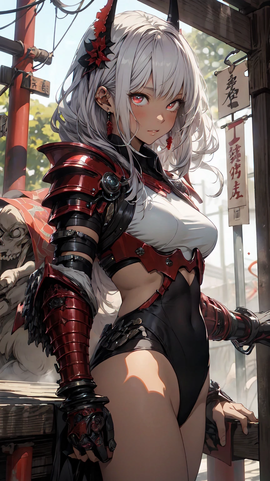 Keep it Realistic,(masterpiece,Top Quality,Highest quality),Very detailed,Fractal Art,Most detailed,(The background is a red torii gate:1.5)(One Girl),Kamimei,(Hair length),(Sparkling red eyes and beautiful white hair、Big Breasts,(Toned Abs),crystal,High leotard,Sexy,Machine Armor、Blake、Japanese clothing、Japan Dresses、Demon Horn、Berserk
