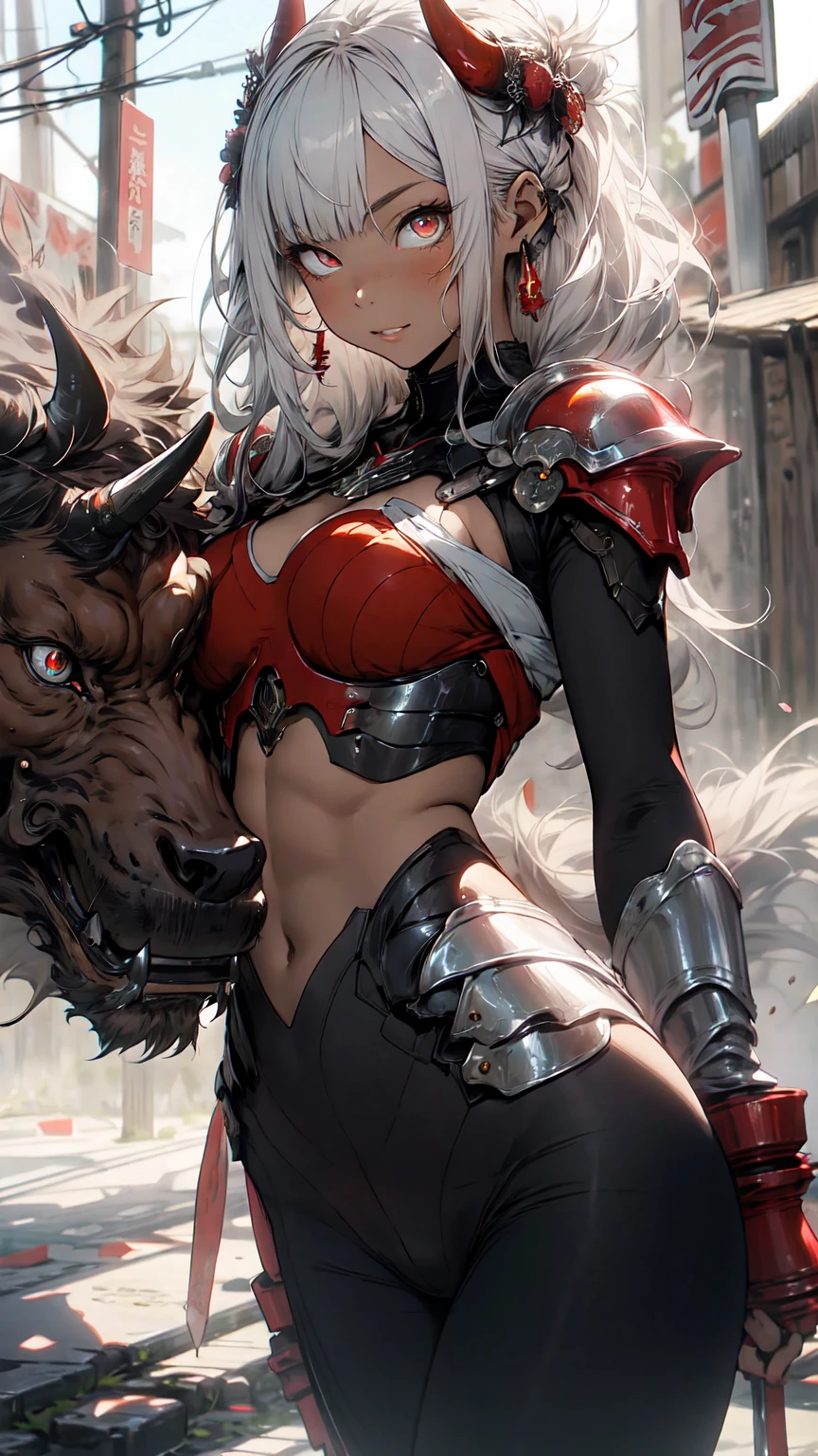Be realistic，（masterpiece，Highest quality，Highest quality，Very detailed，Fractal Art，Most detailed，（The background is abstract：1.5）（1 Girl），Kamimei，（Yellow hair ponytail），（Yellow eyes shine、Big Breasts、Toned Abs，Stunned)，crystallization，bikini、High leotard、sexy、Machine Armor、Sunburned skin、Berserk、Demon Horn、scratch、mini skirt