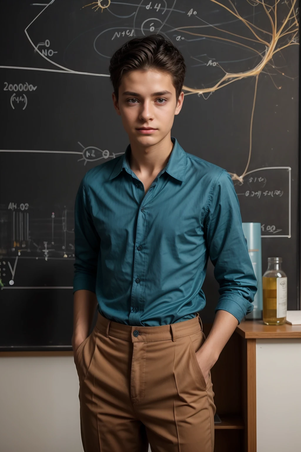 A beautiful young male twink with black hair wearing an aquamarine-sleeved shirt and brown pants. He is in his luxurious scientific office. Behind him is a blackboard with neurons written on it. Neon energy emerges from the blackboard as he looks on proudly.
