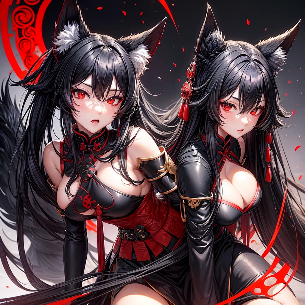Beautiful black Kitsune, red eyes, highly detailed face, highly detailed eyes, big breasts, sexy figure, mature woman, several black kitsune tails, soft long Black Kitsune ears, Wearing Red And Black Shogun Armor, wide waist