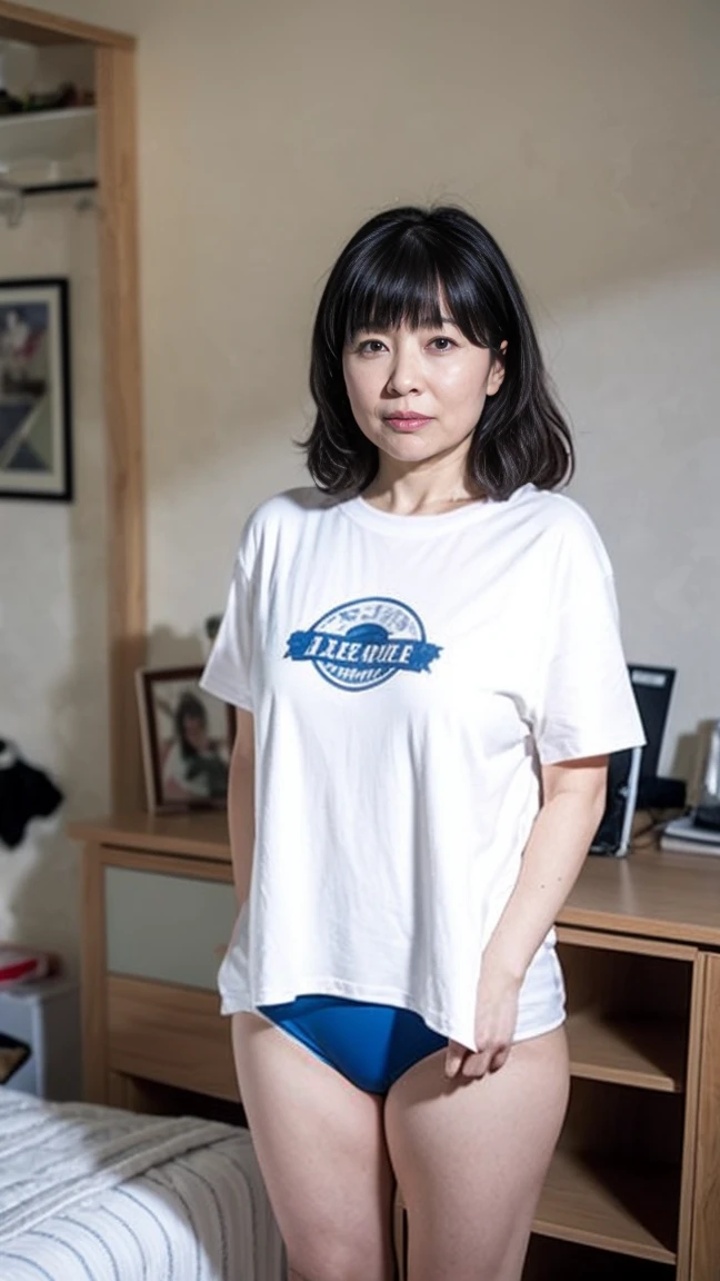 alone、Mature Woman、40 years old、White skin、Natural Makeup、Black Hair、bangs、Straight Long Hair、Flip up the skirt、(、White T-shirt、Pleated skirt)、((Backwards))、Big Breasts、(Small panties、Blue color panties)、((The upper body is wearing a T-shirt))、Bedroom、Looking into the camera、barefoot、Full body photo、Pay attention to the butt、Remember、Big Ass、satin panties、Plump thighs