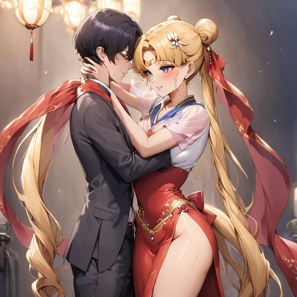 ((Highest quality)), ((masterpiece)), (detailed), （Perfect Face）、The woman is wearing a gorgeous, glittering, long-slit, red see-through Chinese dress with gold embroidery, a red veil and a red see-through cape, a gorgeous hair ornament, and gorgeous jeweled accessories.、The woman is the elegant Tsukino Usagi, with long blonde hair in a chignon twin tail.、A woman is being embraced and kissed by a man dressed in Hanfu.