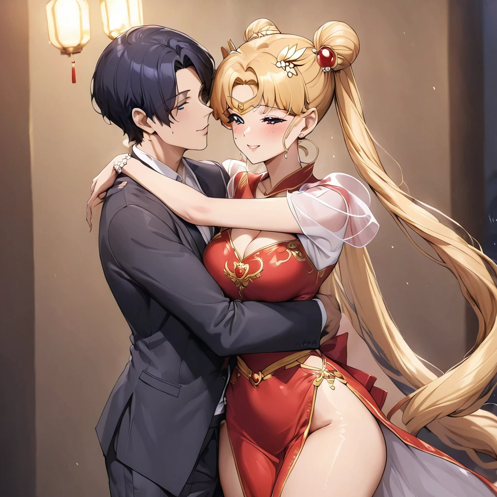 ((Highest quality)), ((masterpiece)), (detailed), （Perfect Face）、The woman is wearing a gorgeous, glittering, long-slit, red see-through Chinese dress with gold embroidery, a red veil and a red see-through cape, a gorgeous hair ornament, and gorgeous jeweled accessories.、The woman is the elegant Tsukino Usagi, with long blonde hair in a chignon twin tail.、A woman is being embraced and kissed by a man dressed in Hanfu.