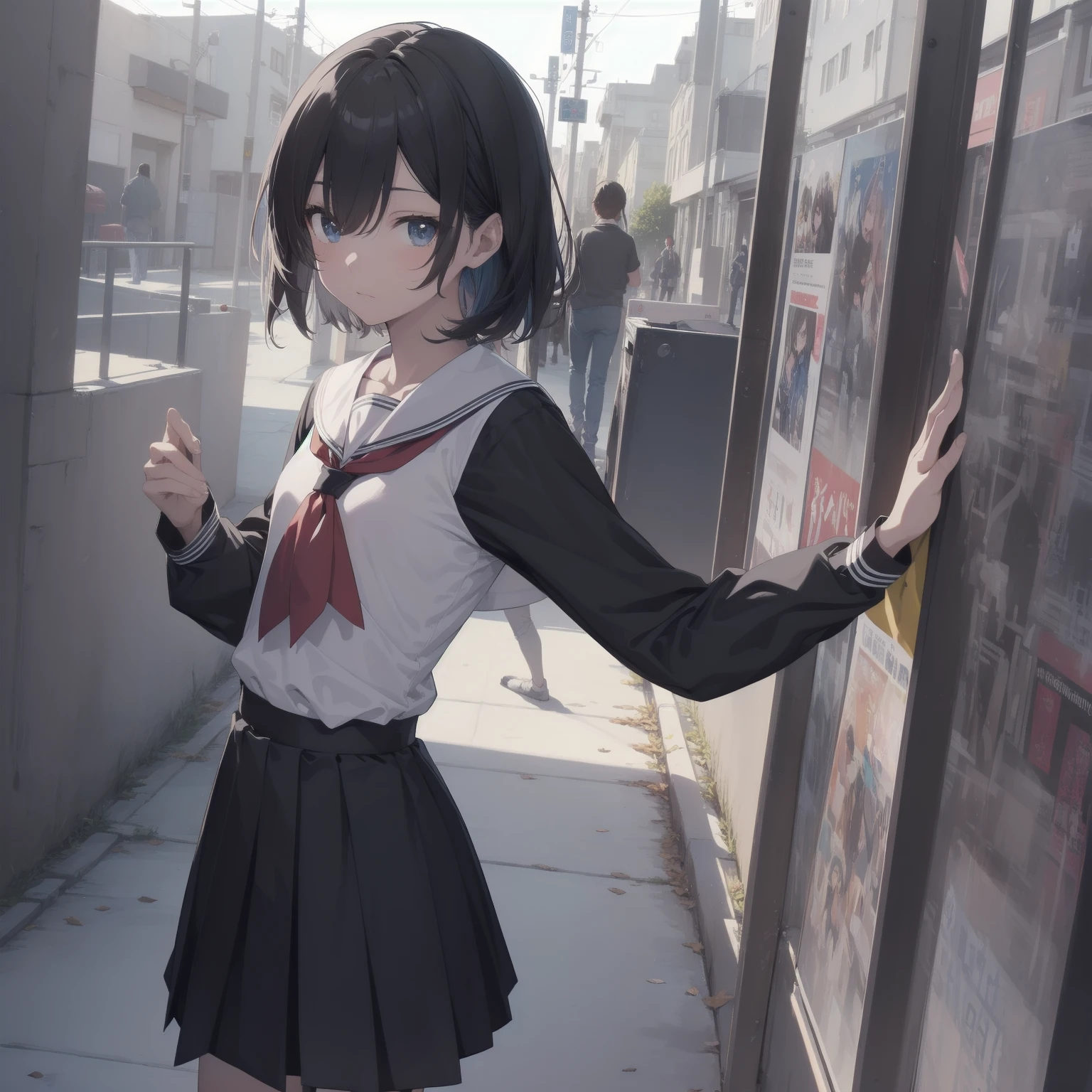 ultra-absurdres-Top quality by artist God, ultra-detailed, high resolution, anime moe artstyle, best anime 8k konachan wallpaper, pixiv contest winner, pool:2810, perfect anatomy,break, 1girl, (Please draw a girl walking sleepily to school alone. )break,(Solo,little female, 13-year-old:1.3),Full limbs, complete fingers,a junior high school student, (very short hair), short cut, flat chest, , small butt, small black eyes, beautiful detailed eyes, well-proportioned iris and pupils, expressive eyes, highres detailed hair, soft expression, salor school_uniform, sailor collar, serahuku, bow, pleated skirt,(Detailed Lighting), (Detailed background), in the School commute route. break,super detailed skin, Best cinematic lighting powered by famous artist, 8k,beauty illustration,photoshop_(medium),very aesthetic,break,((artist:kitsunerider  )), artist:clamp ,artist:carnelian ,artist:kantoku ,
