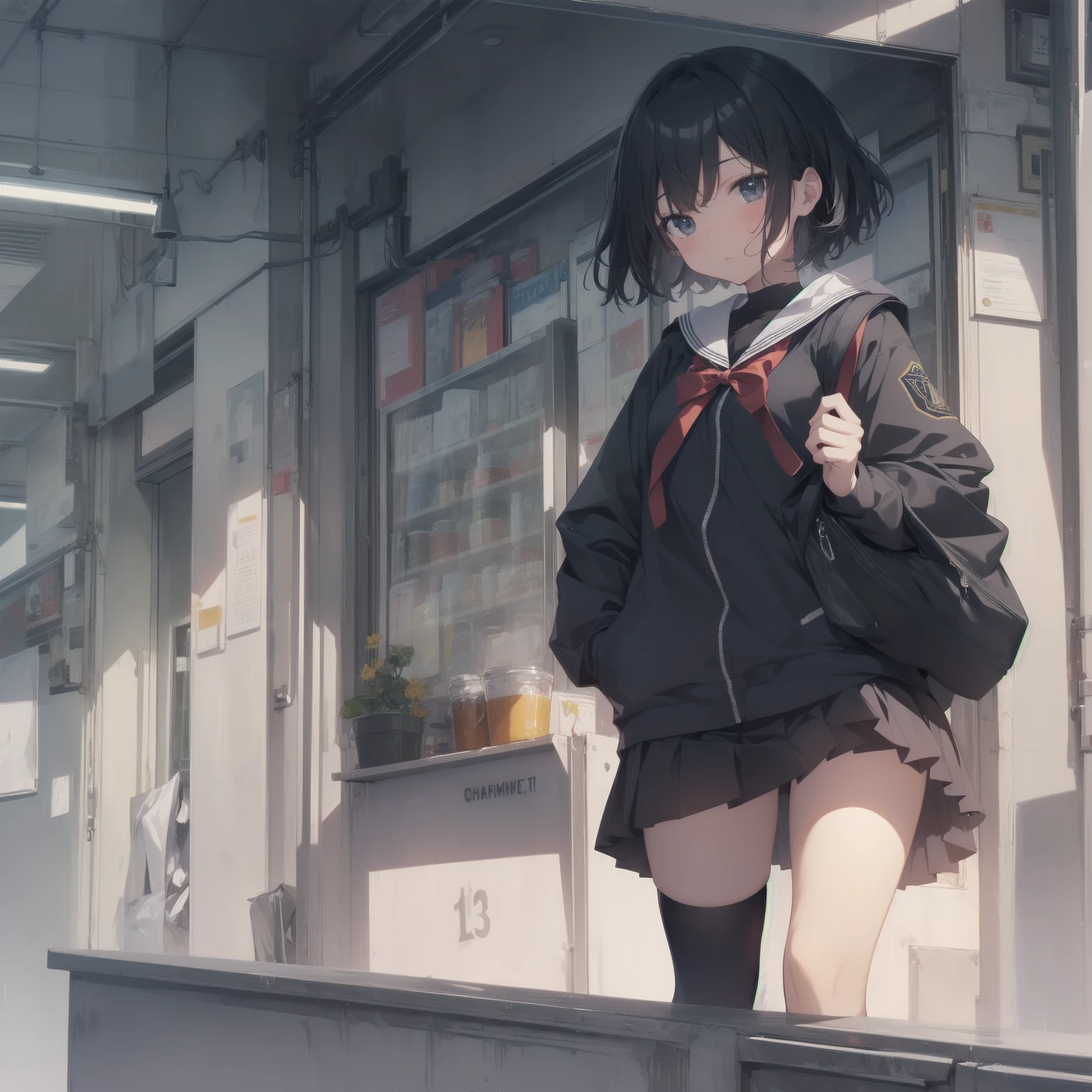 ultra-absurdres-Top quality by artist God, ultra-detailed, high resolution, anime moe artstyle, best anime 8k konachan wallpaper, pixiv contest winner, pool:2810, perfect anatomy,break, 1girl, (Please draw a girl walking sleepily to school alone. )break,(Solo,little female, 13-year-old:1.3),Full limbs, complete fingers,a junior high school student, (very short hair), short cut, flat chest, , small butt, small black eyes, beautiful detailed eyes, well-proportioned iris and pupils, expressive eyes, highres detailed hair, soft expression, salor school_uniform, sailor collar, serahuku, bow, pleated skirt,(Detailed Lighting), (Detailed background), in the School commute route. break,super detailed skin, Best cinematic lighting powered by famous artist, 8k,beauty illustration,photoshop_(medium),very aesthetic,break,((artist:kitsunerider )), artist:clamp ,artist:carnelian ,artist:kantoku ,