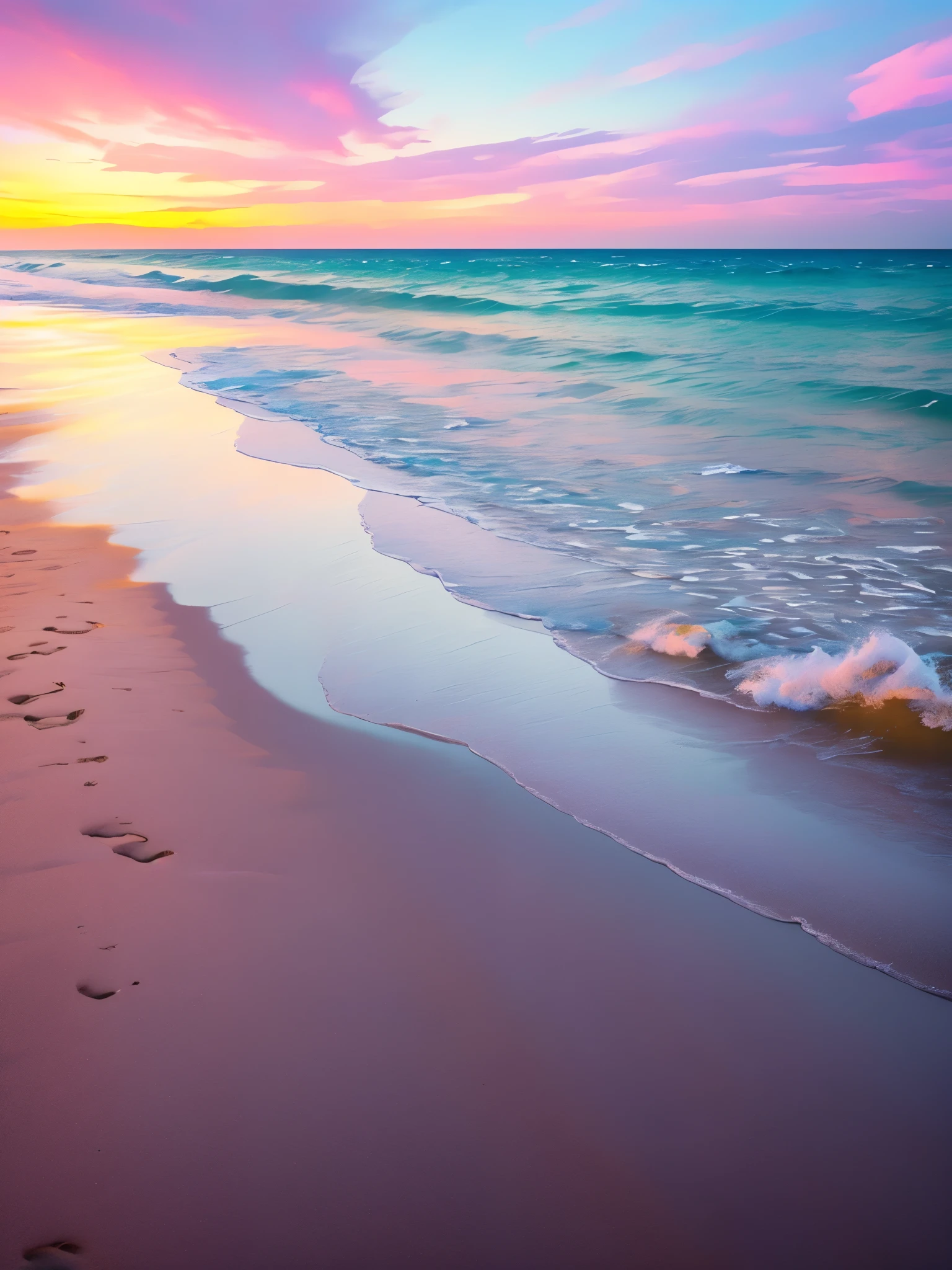 A serene beach scene at sunset, with a striking color palette of pink and purple hues. The sun is partially hidden behind clouds on the horizon, casting a warm, pinkish glow over the scene. The sky is a gradient of soft pastel colors, transitioning from light blue at the top to deep pink near the horizon. Wispy clouds are scattered across the sky, reflecting the sunset colors. The calm ocean waves gently roll onto the shore, with the water reflecting the vibrant colors of the sunset. The beach sand appears to be tinted with a soft pink hue due to the lighting. To the left, there is a distant cliff with a dark silhouette against the colorful sky. The entire scene exudes a tranquil and ethereal atmosphere, enhanced by the unique and vivid color scheme.
