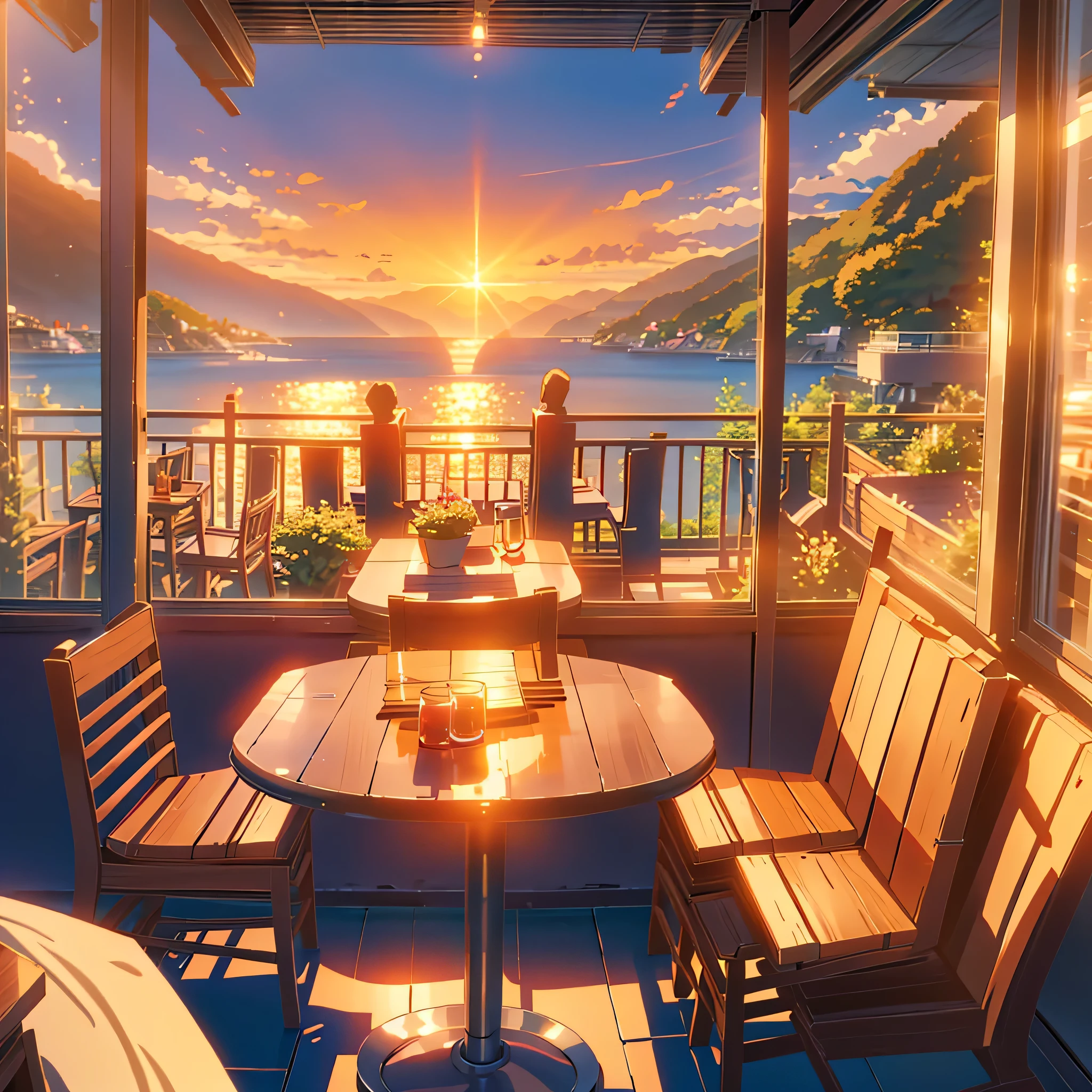 a painting of a patio with tables and chairs and a sunset, anime background art, cozy cafe background, anime background, beautiful ambiance, beautiful ambience, anime scenery, beautiful anime scene, beautiful anime scenery, anime aesthetic, beautiful detailed scene, overlooking the ocean, watching the sun set. anime, scenery wallpaper aesthetic, golden hour scene, anime vibes
