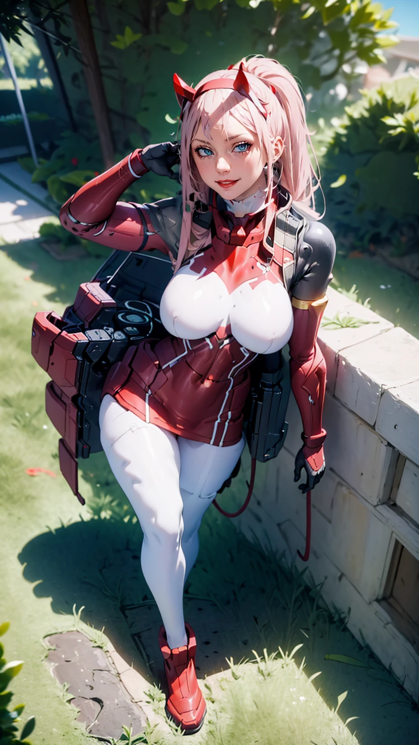 masterpiece, best quality, IncrsLowTier, electricity, glowing eyes zerotwo horns, hairband, necktie, red dress, pantyhose horns, hairband, red bodysuit, armlet, mecha horns, hairband, white bodysuit, white gloves, cap, red dress, white gloves, jacket on shoulders, pantyhose, cyber_armor body_suit,huge_breast, tall female, fulll body, sun light, smile,, sun aura,, boots, standing, smile, lips, red lips,,,{best quality}, {amazing quality} {best quality},{amazing quality},, {absurdres},{{highres}}, {very aesthetic}, {detailed}, curvy, tall, huge breast, character focus, white background,full-length portrait,, huge hips, huge muscles, huge thighs, curvaceous, venus figure,full body, full portrait