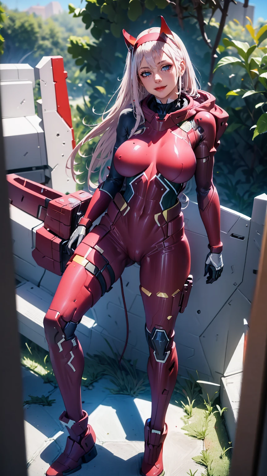 masterpiece, best quality, IncrsLowTier, electricity, glowing eyes zerotwo horns, hairband, necktie, red dress, pantyhose horns, hairband, red bodysuit, armlet, mecha horns, hairband, white bodysuit, white gloves, cap, red dress, white gloves, jacket on shoulders, pantyhose, cyber_armor body_suit,huge_breast, tall female, fulll body, sun light, smile,, sun aura,, boots, standing, smile, lips, red lips,,,{best quality}, {amazing quality} {best quality},{amazing quality},, {absurdres},{{highres}}, {very aesthetic}, {detailed}, curvy, tall, huge breast, character focus, white background,full-length portrait,, huge hips, huge muscles, huge thighs, curvaceous, venus figure,full body, full portrait