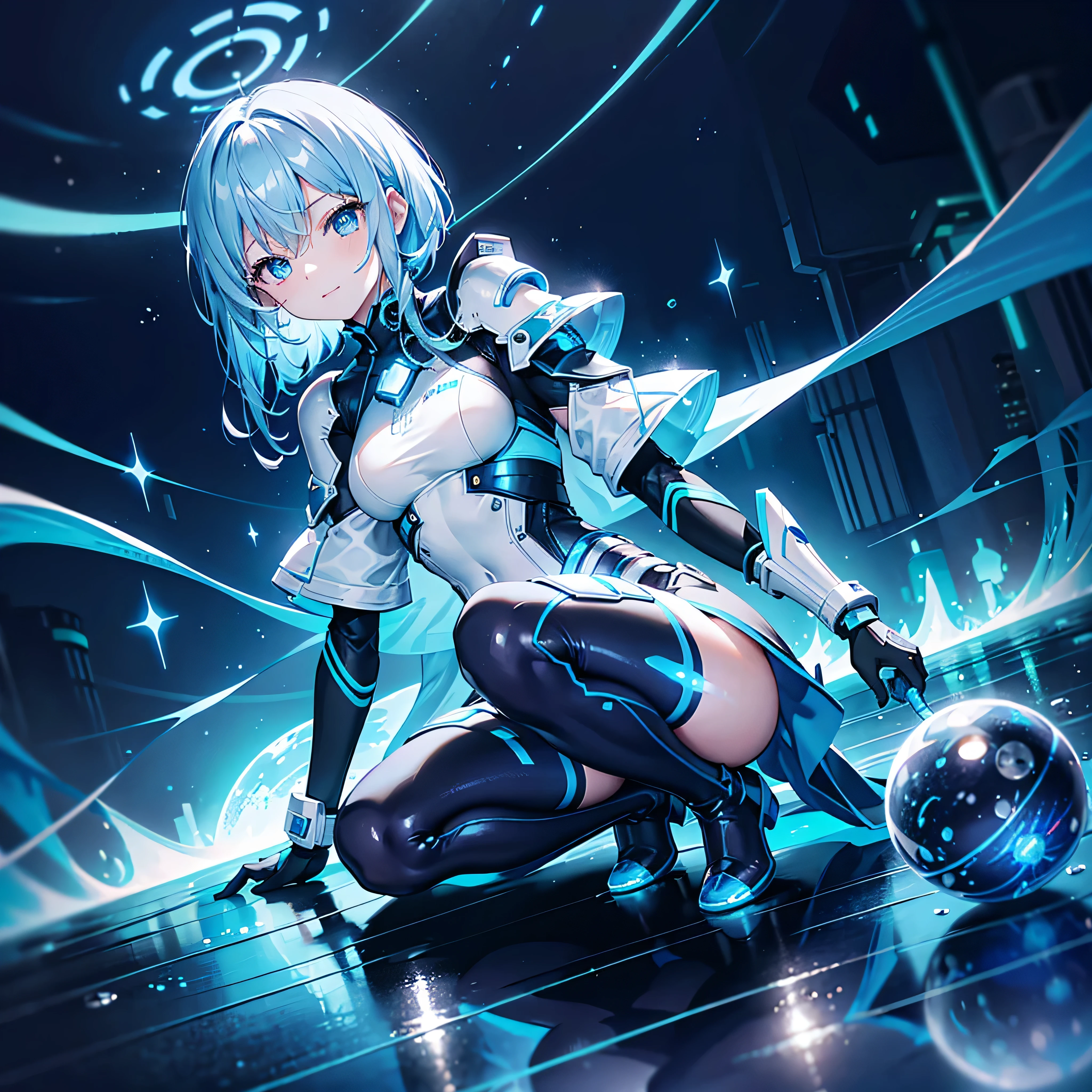 8K, Highest quality, (real:1.4), Original photo, 1 girl, Asari Hair, Biological Amplifier, Very sleek and futuristic armor, posture: Peace talks between warring factions,,attention arousal, smart blue eyes,A modest smile,Knee-high boots,Patent-look blue tights,Blue big moon and blue light swirl in the background,Blue light from behind,blue light magic,A small, glowing blue ball in the palm of your hand,Blue flame swirl,Blue Comet,Polished floor,