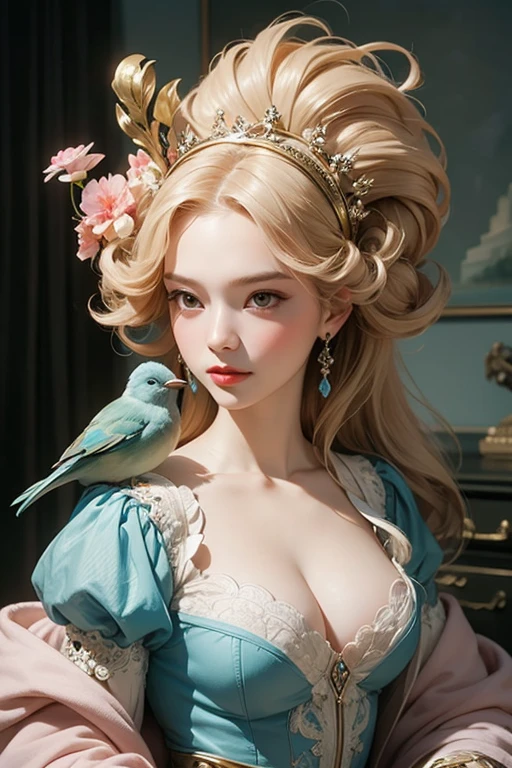 Close-up of a woman with a bird on her head, Large Breasts,,Rococo queen, Rococo style portrait, Rococo portrait, # Rococo, Rococo cyberpunk, Rococo art style, Rococo art, Rococo fashion, Renaissance style, neo-Rococo expressionist style, Inspired by Jean-Marc Nattier, Renaissance style,(((Full and soft breasts,)))((Huge breasts))((((Cleavage)))))) (Perfect curvy figure),