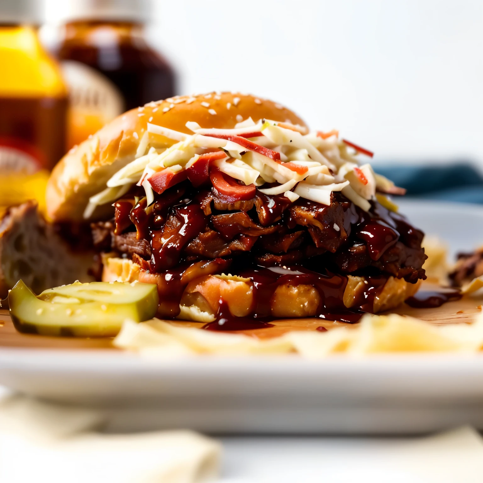 there is a pulled pork sandwich with cole slaw and pickles on a plate, pulled pork sandwich, luscious, BBQ sauce dripping, professional food photography, full face view, high quality food photography, stunning image, easy, Portrait photo, smoked layered, F2. 0, wet shredded red meat, close up food photography, sloppy, stunning visual, smoky, version 3