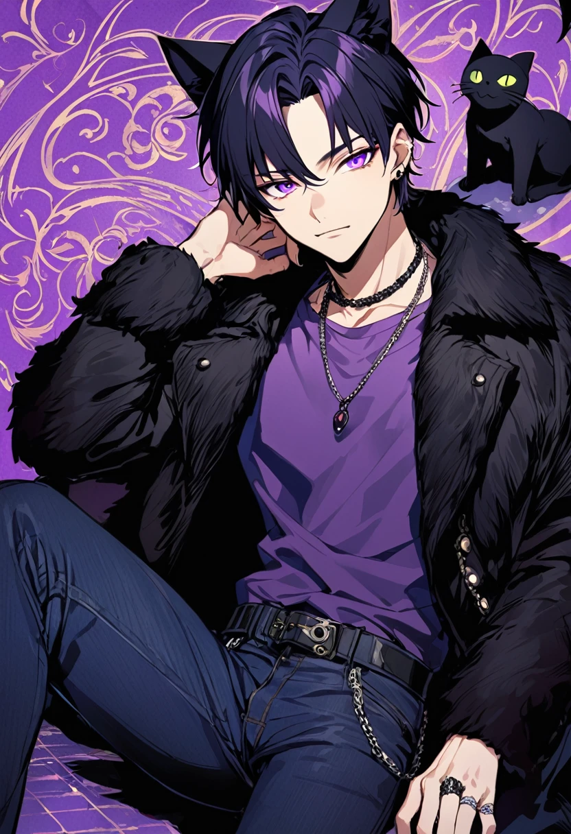 1man, black short hair, black cat ears, bright purple eyes, wearing black fur coat, wearing purple undershirt, wearing dark blue jean pants, wearing a necklace with a ring