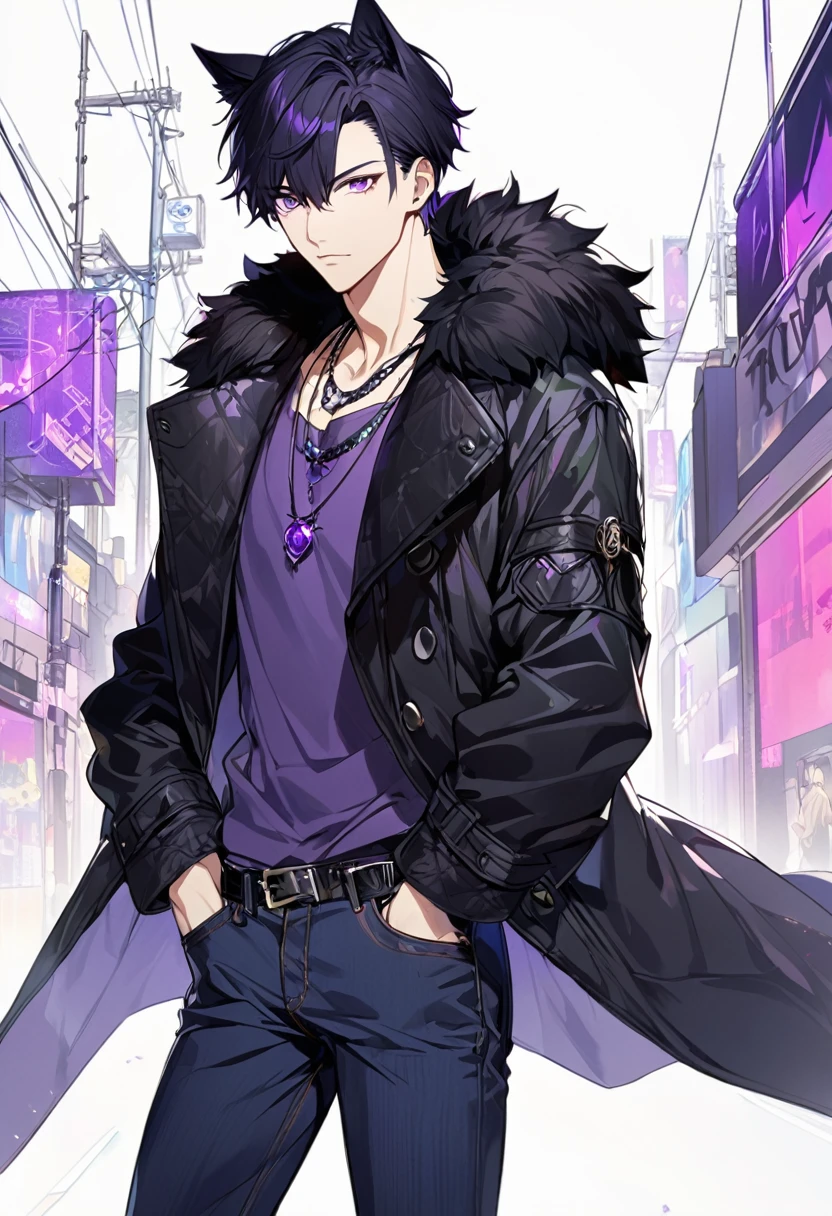 1man, black short hair, black cat ears, bright purple eyes, wearing black fur coat, wearing purple undershirt, wearing dark blue jean pants, wearing a necklace with a ring