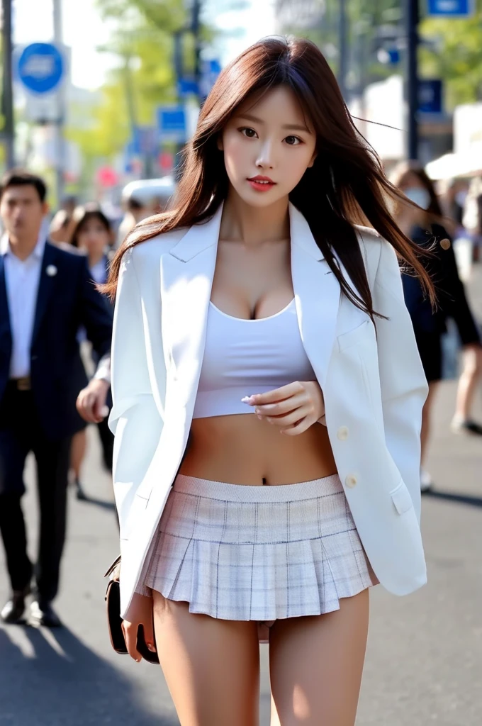 the most beautiful actress in the world, she is 18 years old, the perfect body proportions of this girl, all she cover is just the upper than her crotch, all she expose is just the lower than her crotch, this girl with her large breasts is making the blazer be closed on the formal shirt, it's too difficult for the short skirt to cover the panties because it's too short, the panties under the short skirt are seen just 1cm, her bare thighs, her bare knees, her feet are out of this picture frame, her head is barely within this picture frame, only one description of this picture, at city street, standing, nsfw, best quality, highly detailed, masterpiece, ultra high res, photo realistic, 8k